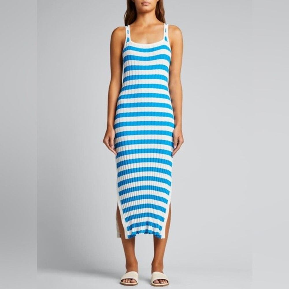 Solid & Striped Womens Ribbed Midi Dress Large Blue White Stripe Resort Beachy